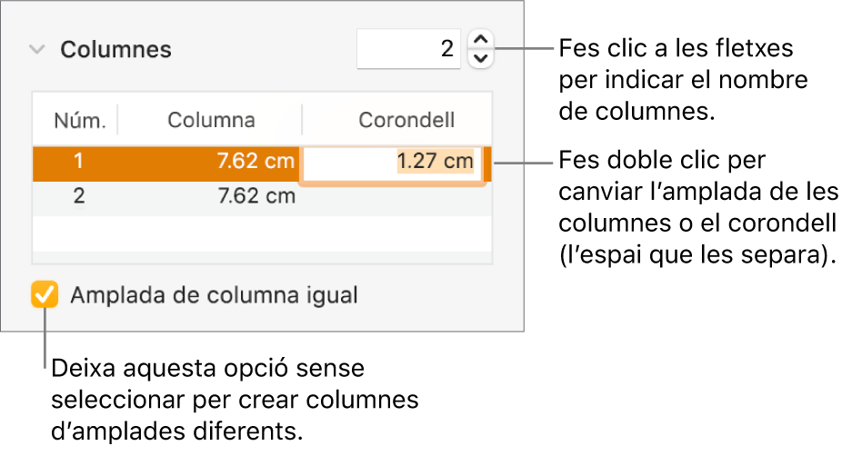 Tauler Disposició de l’inspector de format, amb els controls de les columnes.