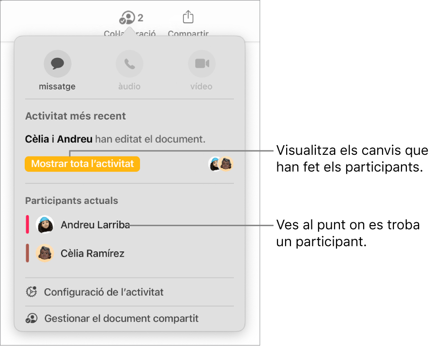 Menú de col·laboració amb una llista de dos participants actuals.