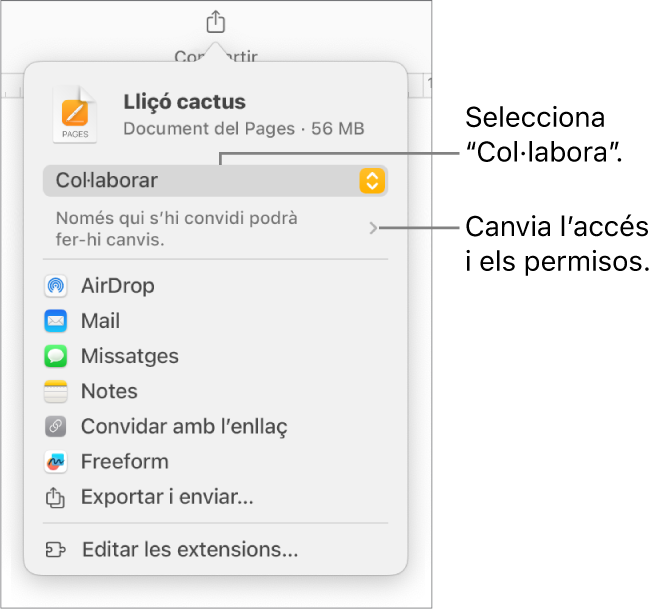 Menú “Comparteix” amb l’opció “Col·labora” seleccionada a la part superior i la configuració dels permisos a sota.