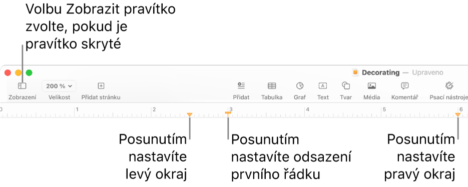 Pravítko s ovládacím prvkem pro levý okraj a ovládacím prvkem pro odsazení prvního řádku