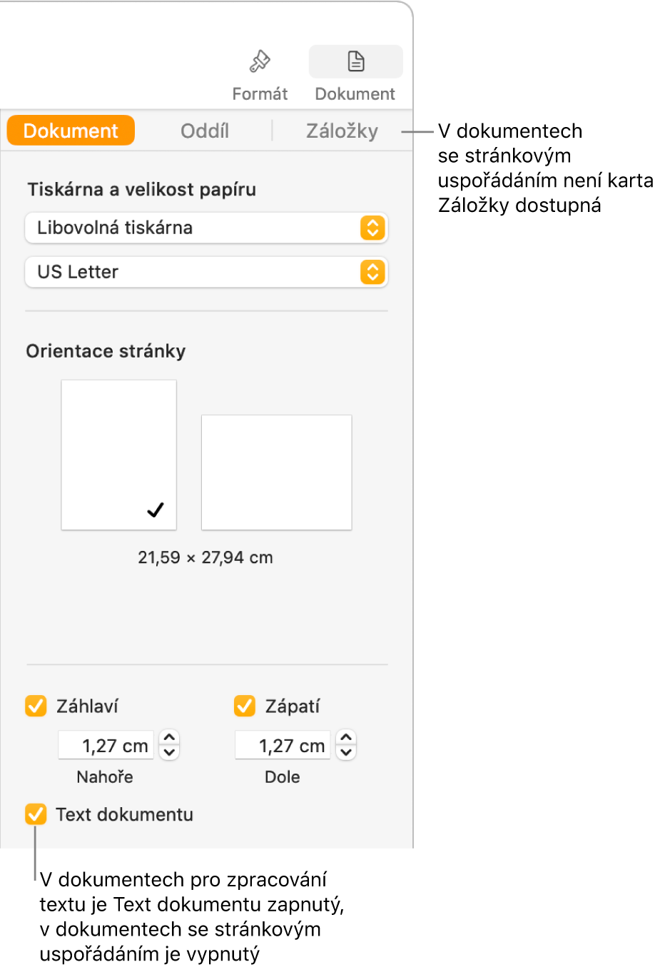Boční panel Formát, na němž jsou nahoře vidět karty Dokument, Oddíl a Záložky. Je vybrána karta Dokument a na popisku ke kartě Záložky je uvedeno, že dokumenty s uspořádáním po stránkách tuto kartu Záložky nemají. Je zaškrtnuto políčko Text dokumentu, což je dalším potvrzením, že se jedná o dokument pro zpracování textu