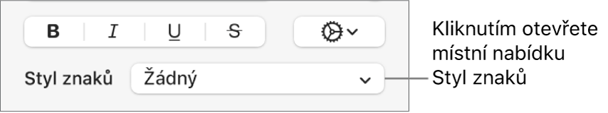 Místní nabídka Styly znaků pod ovládacími prvky pro změnu stylu a barvy textu.