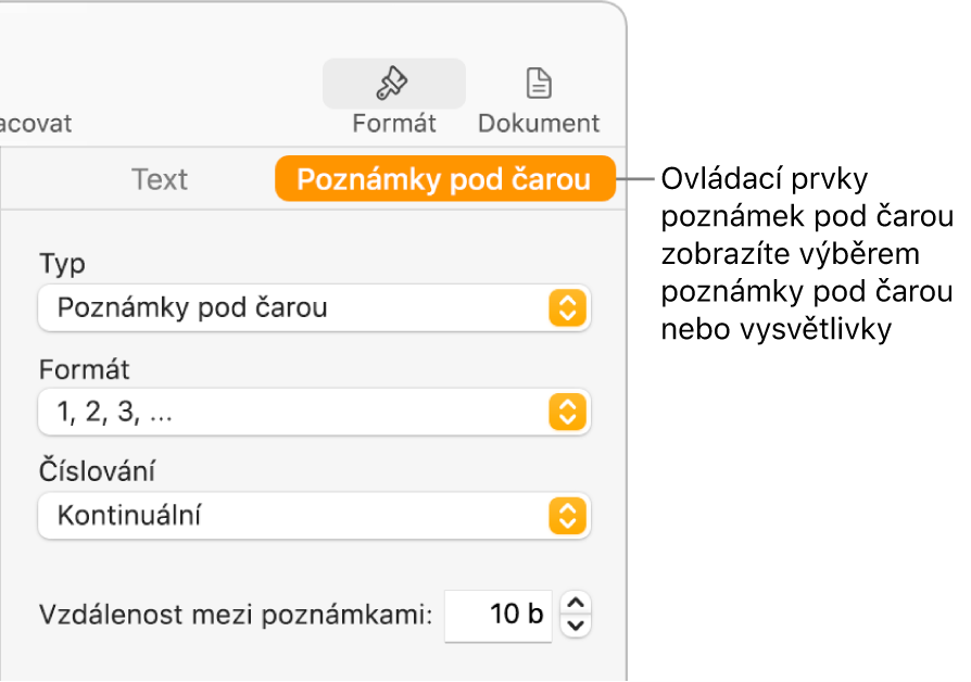 Panel poznámek pod čarou s místními nabídkami Typ, Formát, Číslování a mezerami mezi poznámkami