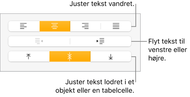 Vinduet Justering med billedforklaringer til knapperne til justering af tekst og afstand.