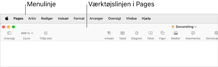 Menulinjen øverst på skærmen med menuerne Apple, Pages, Arkiv, Rediger, Indsæt, Format, Arranger, Oversigt, Del, Vindue og Hjælp. Under menulinjen ses et åbent Pages-dokument med knapperne Oversigt, Zoom, Tilføj side, Indsæt, Tabel, Diagram, Tekst, Figur, Medier og Kommentar på værktøjslinjen øverst.