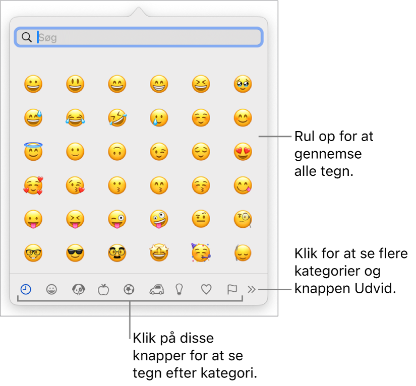 Tegnfremviseren med emoji, knapper til forskellige kategorier af symboler nederst og en knap, der viser flere kategorier og knappen Udvid.