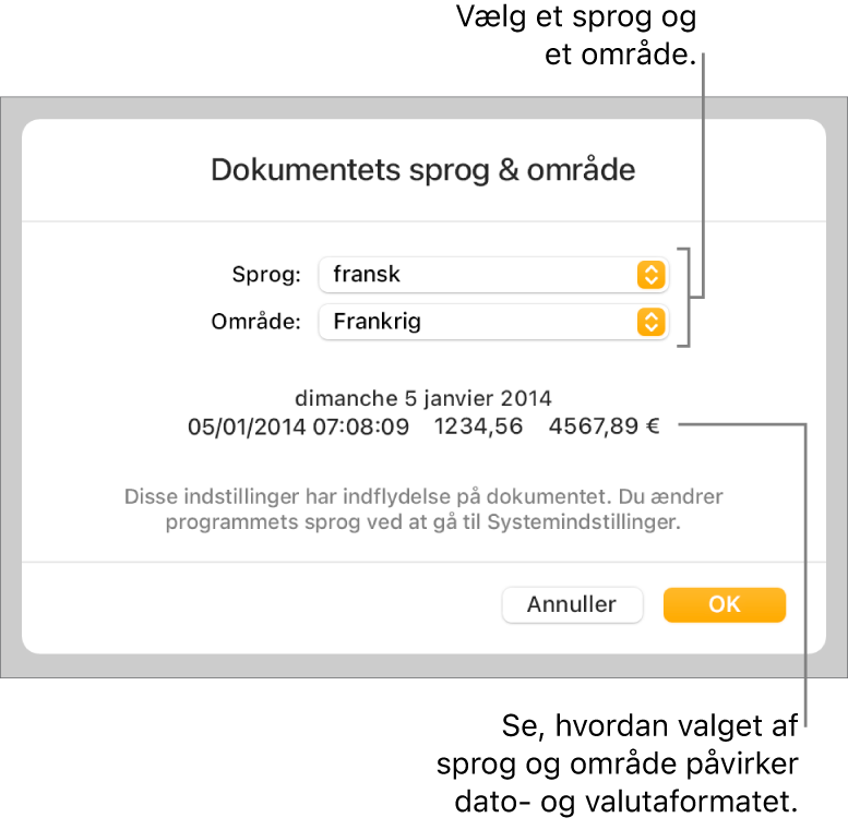 Vinduet Sprog & område med betjeningsmuligheder til sprog og område og et formateksempel, der viser dato, tid, decimaltegn og valuta.