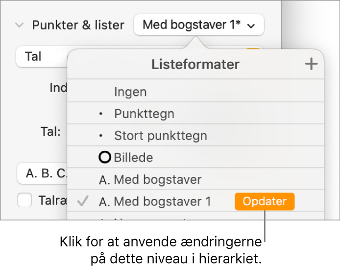 Lokalmenuen Listeformater med knappen Opdater ud for navnet på det nye format.