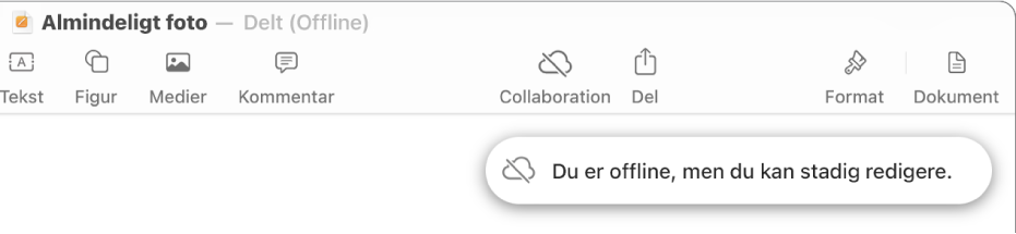 Knapperne øverst på skærmen, hvor knappen Samarbejde er ændret til en sky med en skrå streg over. En besked på skærmen med teksten “Du er offline, men du kan stadig redigere”.