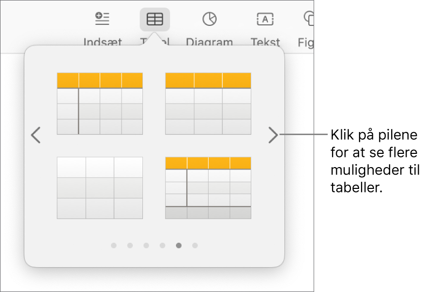 Menuen Tilføj tabel med navigationspile.