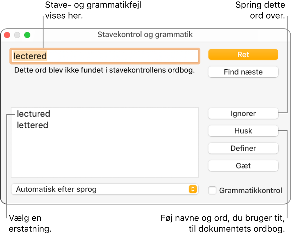 Vinduet Stavekontrol og grammatik.