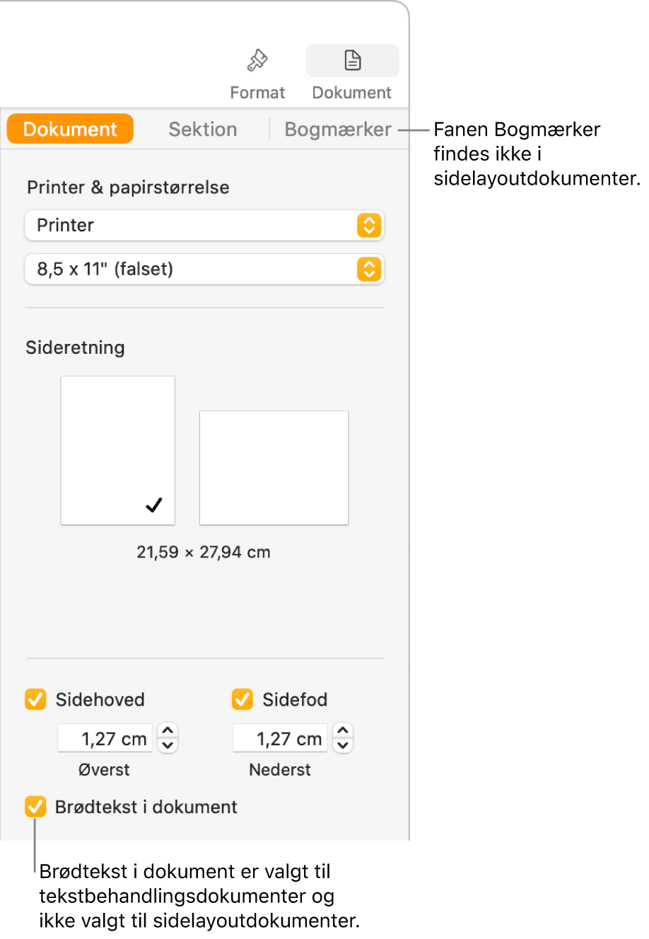 Indholdsoversigten Format med fanerne Dokument, Sektion og Bogmærker øverst. Fanen Dokument er valgt, og i en billedforklaring til fanen Bogmærker står der, at sidelayoutdokumenter ikke har fanen Bogmærker. Afkrydsningsfeltet Brødtekst i dokument i valgt. Det viser også, at dokumentet er et tekstbehandlingsdokument.