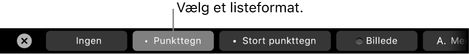 MacBook Pro Touch Bar med betjeningsmuligheder til valg af listeformat.