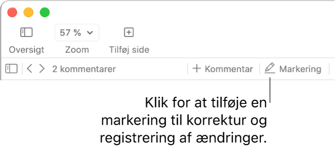 Menulinjen med Indsætmenuen og under den værktøjslinjen i Pages med korrekturværktøjer og en billedforklaring til knappen Marker.