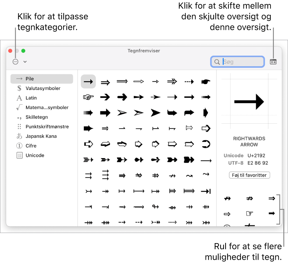 Den udvidede Tegnfremviser, der viser specialtegn og symboler, en menu med forskellige kategorier af symboler til venstre og en knap i det øverste højre hjørne, der giver dig mulighed for at vende tilbage til den skjulte oversigt.