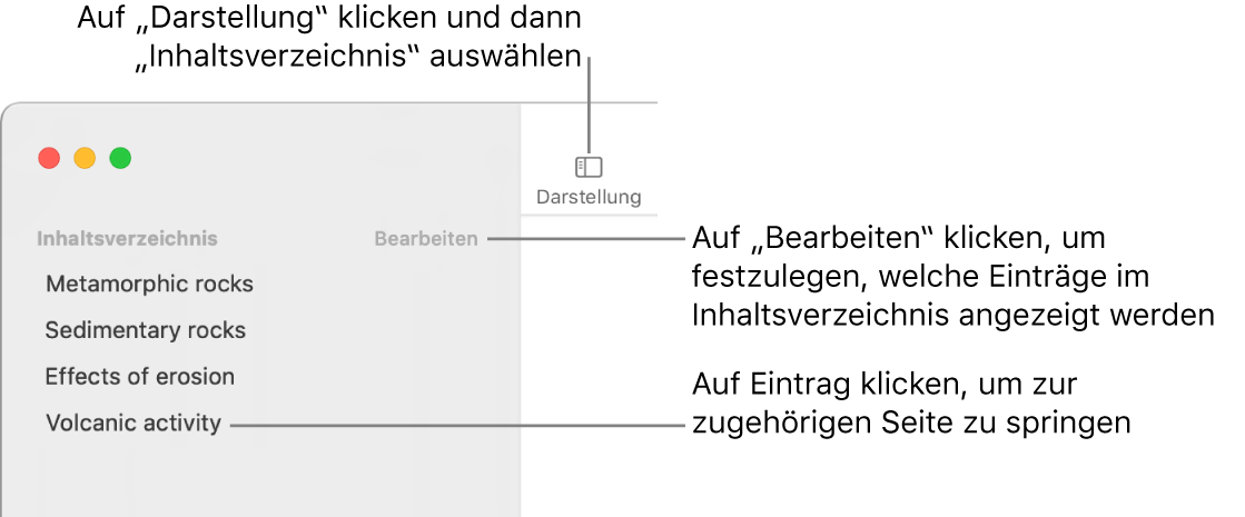 Das Inhaltsverzeichnis links im Fenster „Pages“ mit der Taste „Bearbeiten“ in der oberen rechten Ecke der Seitenleiste und dem Inhaltsverzeichnis in Listenform.