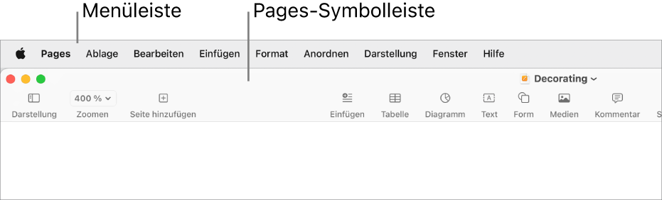 Die Menüleiste oben auf dem Bildschirm mit den Menüs „Apple“, „Pages“, „Ablage“, „Bearbeiten“ „Einfügen“, „Format“, „Anordnen“, „Darstellung“, „Fenster“ und „Hilfe“. Unter der Menüleiste befindet sich ein geöffnetes Pages-Dokument, in dem sich oben die Symbolleiste mit den Tasten „Darstellung“, „Zoomen“, „Seite hinzufügen“, „Einfügen“, „Tabelle“, „Diagramm“, „Text“, „Form“, „Medien“, Kommentar“, „Teilen“ und „Format“ befindet.