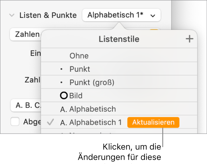 Das Einblendmenü „Listenstile“ mit einer Taste „Aktualisieren“ neben dem Namen des neuen Stils