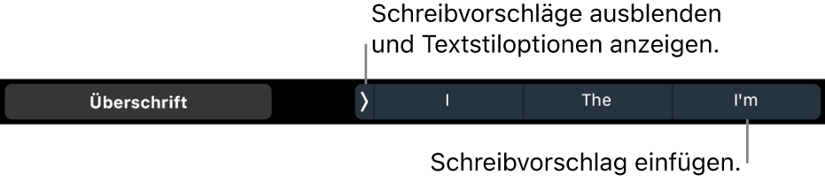 Die Touch Bar des MacBook Pro mit den Steuerelementen zum Festlegen des Textstils, zum Ausblenden der Wortvorschläge und zum Einfügen vorgeschlagener Wörter.