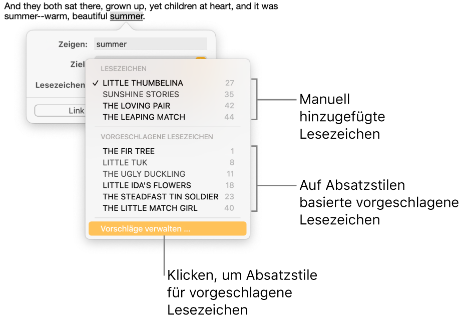 Die Lesezeichenliste mit den manuell hinzugefügten Lesezeichen oben und vorgeschlagenen Lesezeichen darunter. Die Option „Vorschläge verwalten“ befindet sich unten.