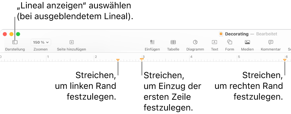 Das Lineal mit Steuerelement für den linken Rand und den Einzug der ersten Zeile