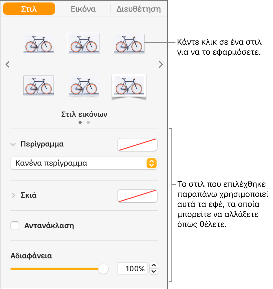 Η καρτέλα «Στιλ» της πλαϊνής στήλης «Μορφή» που εμφανίζει επιλογές στιλ αντικειμένου.