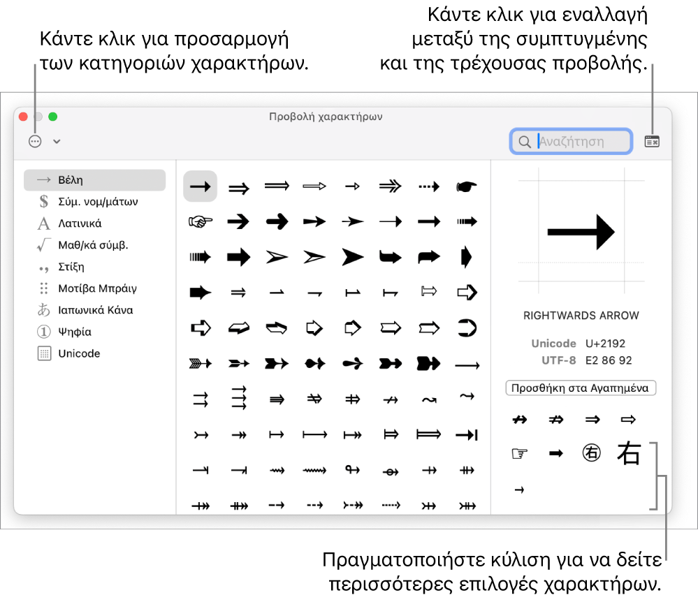 Η ανεπτυγμένη Προβολή χαρακτήρων όπου φαίνονται ειδικοί χαρακτήρες και σύμβολα, ένα μενού για διαφορετικές κατηγορίες συμβόλων στα αριστερά και ένα κουμπί στην πάνω δεξιά γωνία για επιστροφή στη συμπτυγμένη προβολή.