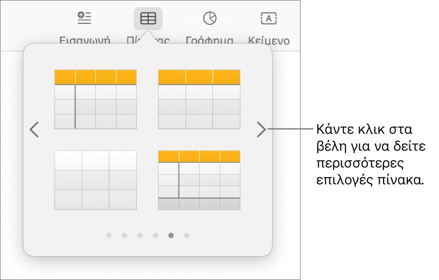 Το μενού «Προσθήκη πίνακα» με βέλη πλοήγησης.