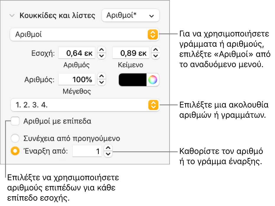 Στοιχεία ελέγχου για την αλλαγή του στιλ αριθμών και της απόστασης σε μια λίστα.