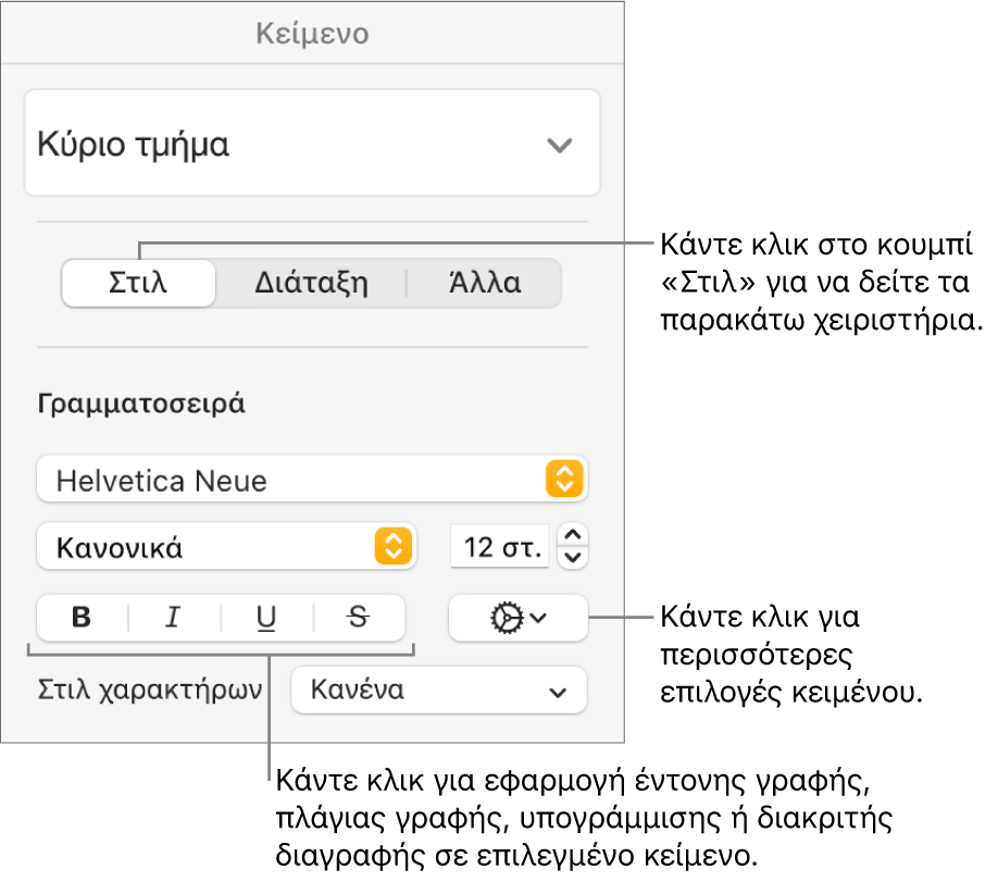 Τα στοιχεία ελέγχου στιλ στην πλαϊνή στήλη «Μορφή» με επεξηγήσεις για τα κουμπιά «Έντονα», «Πλάγια» και «Υπογράμμιση» και «Διακριτή διαγραφή».