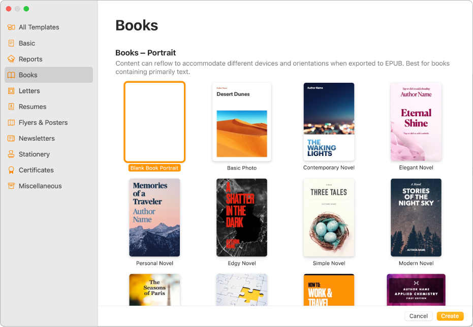 The template chooser with Books selected in the category list on the left and book templates in portrait orientation on the right.