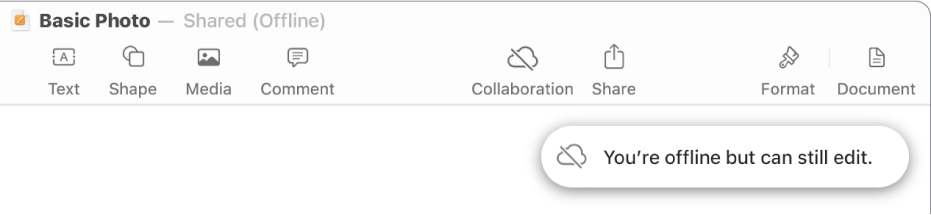 The buttons at the top of the screen, with the Collaboration button changed to a cloud with a diagonal line through it. An alert on the screen says “You’re offline but can still edit”.