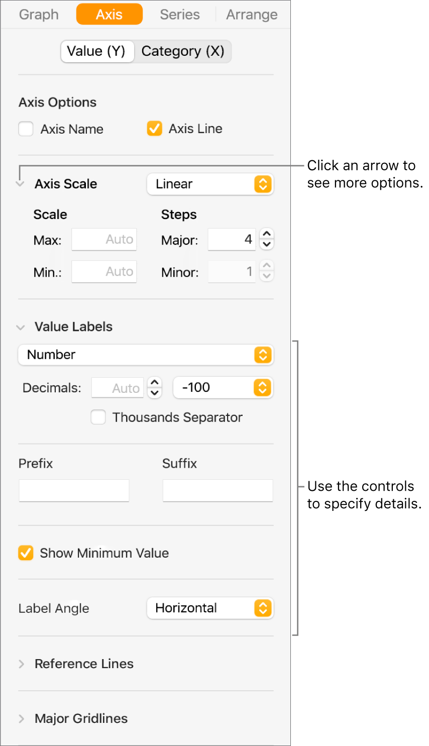 Controls for formatting graph axis markings.