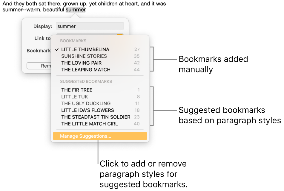 The bookmark list with manually added bookmarks at the top and suggested bookmarks below. The Manage Suggestions option is at the bottom.