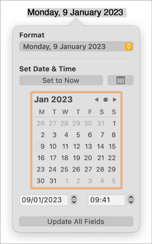 The Date & Time controls showing a pop-up menu for Format, and the Set Date & Time controls.