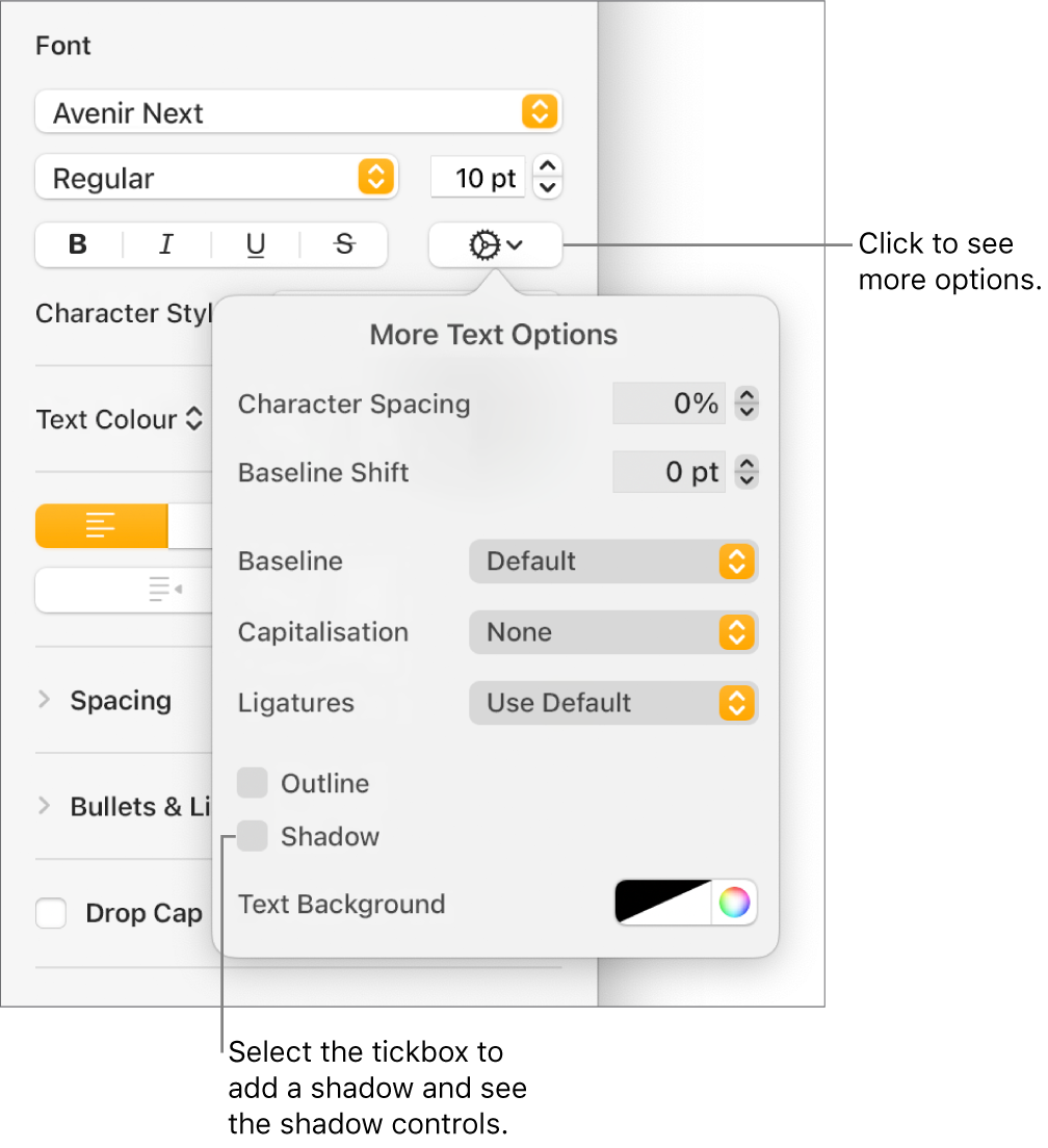 The Advanced Options menu open with the Shadows tickbox selected and controls for setting blur, offset, opacity, angle and colour.