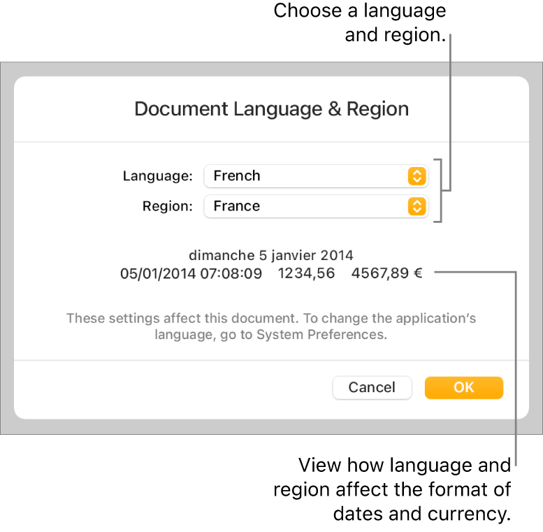 Language & Region pane with controls for language and region, and a format example including date, time, decimal and currency.