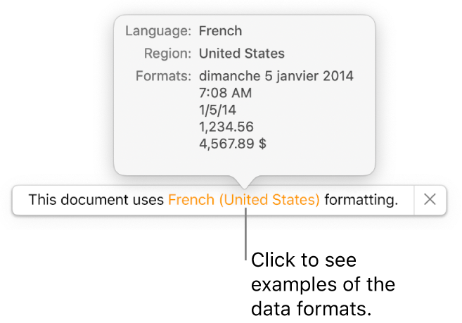 The notification of the different language and region setting, showing examples of the formatting in that language and region.