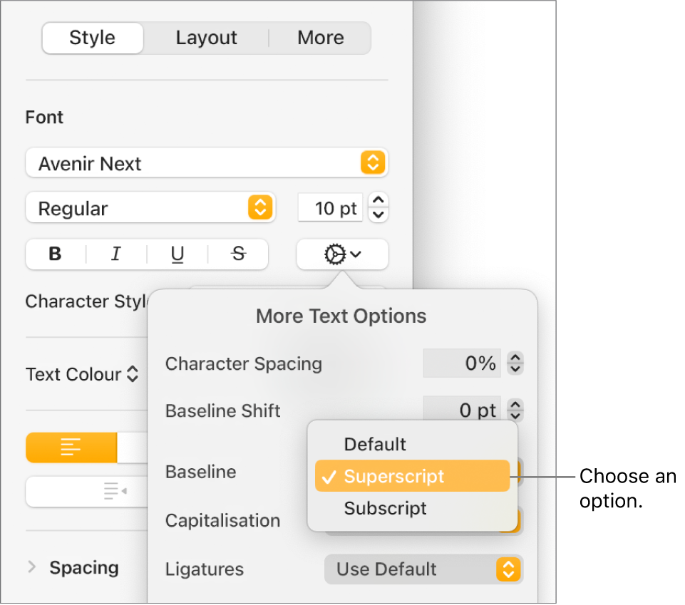 The Advanced Options menu with the Baseline pop-up menu open and showing Default, Superscript and Subscript menu items.