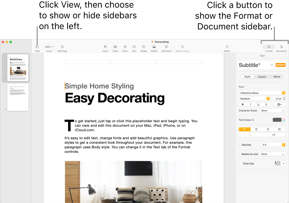 The Pages window with callouts to the View menu button and Format and Document buttons in the toolbar. Sidebars are open on the left and right.