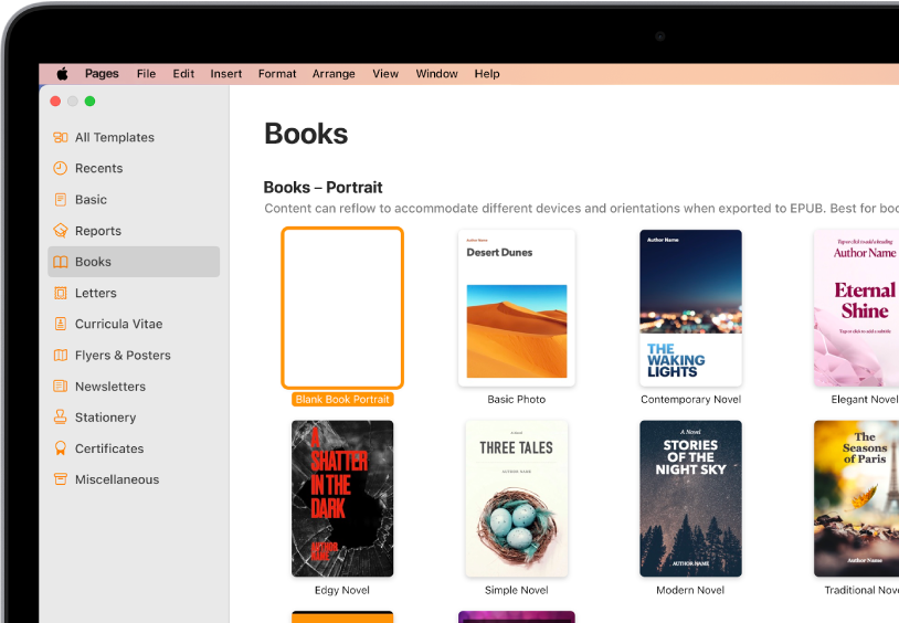 The template chooser with Books selected in the category list on the left, and book templates in portrait orientation on the right.