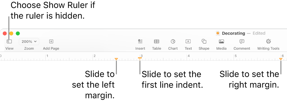 The ruler with the left margin control and first line indent control.