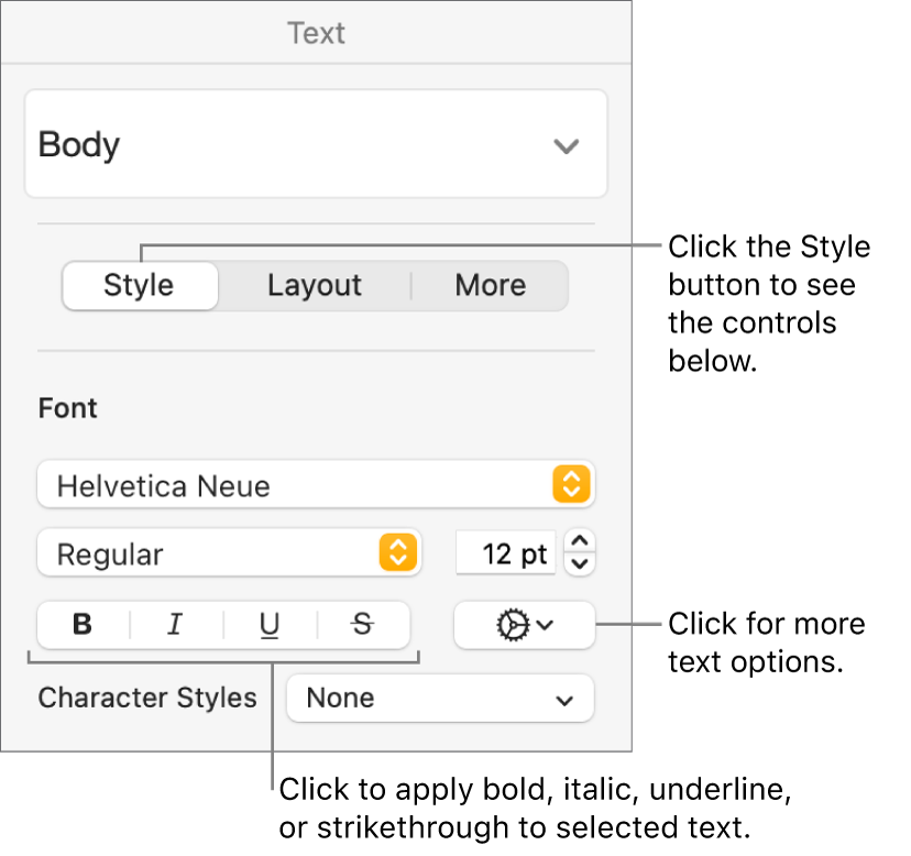 The Style controls in the Format sidebar with callouts to the Bold, Italic, Underline, and Strikethrough buttons.