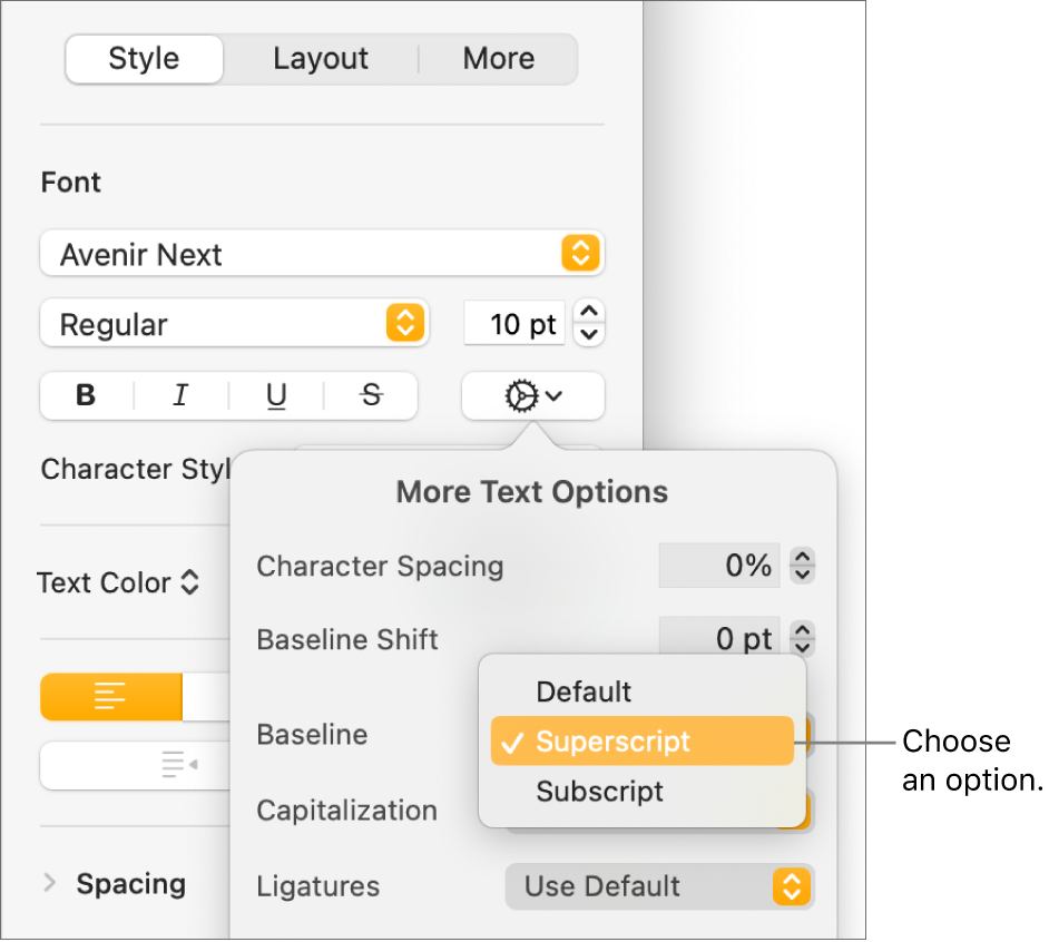 The Advanced Options menu with the Baseline pop-up menu open and showing Default, Superscript, and Subscript menu items.