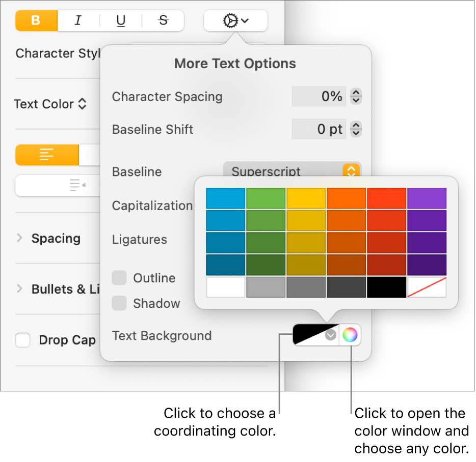 Controls for choosing a background color for text.