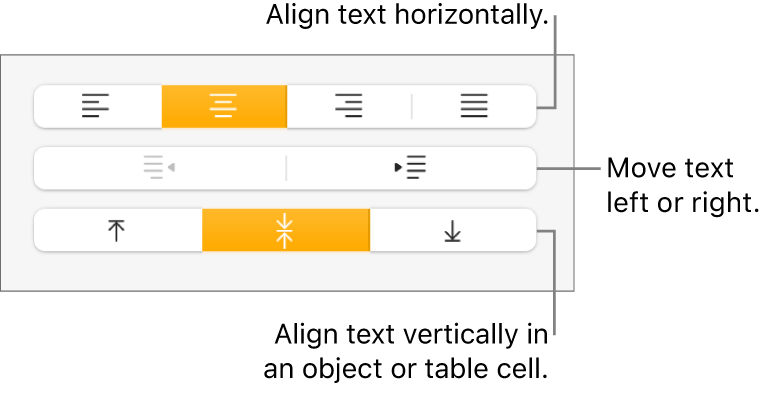 The Alignment section with callouts to the text alignment and spacing buttons.