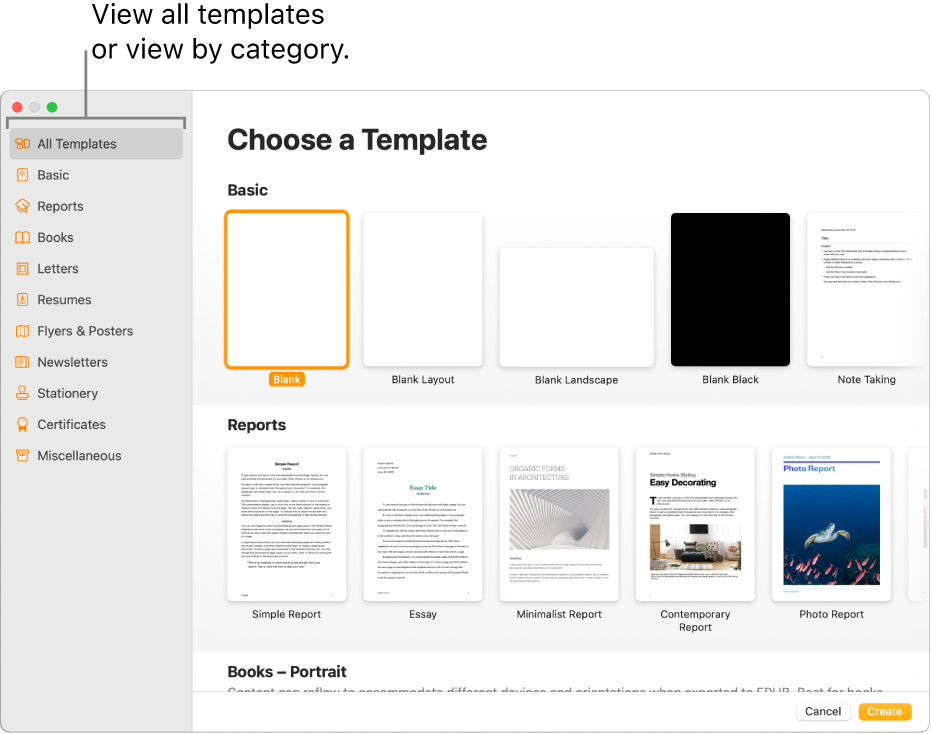 The template chooser. A sidebar on the left lists template categories you can click to filter options. On the right are thumbnails of predesigned templates arranged in rows by category, starting with Basic at the top and followed by Reports and Books—Portrait. The Language and Region pop-up menu is in the bottom-left corner, and Cancel and Create buttons are in the bottom-right corner.