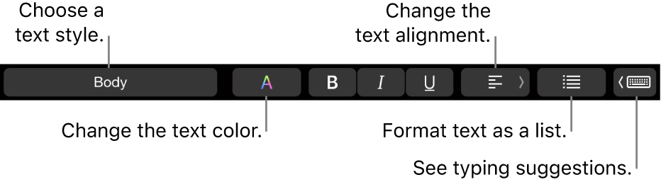 The MacBook Pro Touch Bar with controls for choosing a text style, changing the text color, changing the text alignment, formatting text as a list, and showing typing suggestions.