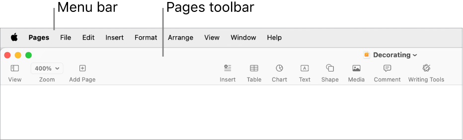 The menu bar at the top of the screen with Apple, Pages, File, Edit, Insert, Format, Arrange, View, Window, and Help menus. Below the menu bar is an open Pages document with toolbar buttons across the top for View, Zoom, Add Page, Insert, Table, Chart, Text, Shape, Media, Comment, Share, and Format.