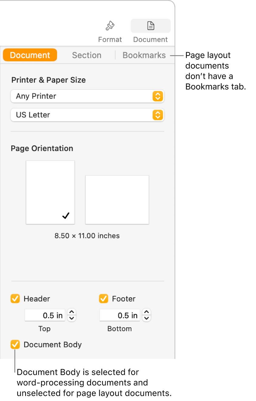 The Format sidebar with the Document, Section, and Bookmarks tabs at the top. The Document tab is selected and a callout to the Bookmarks tab says that page layout documents don’t have a Bookmarks tab. The Document Body checkbox is selected, which also indicates that this is a word-processing document.